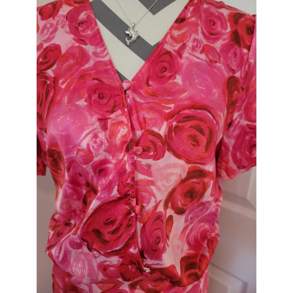 Pink Floral Rose Print Wrap Top & Flare Skirt Set Sz M Satin Lightweight Travel - Picture 3 of 13